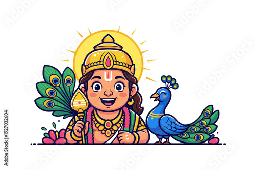 Cute Bala Murugan with Tripundra and Peacock – Colorful 2D Flat Vector Illustration