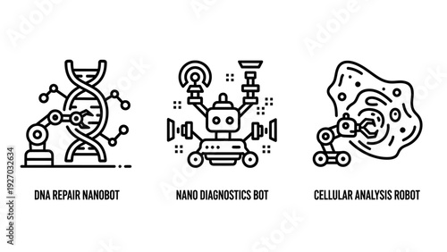 Futuristic icons depicting nanotechnology in medicine: DNA repair, nano diagnostics, and cellular analysis robots.