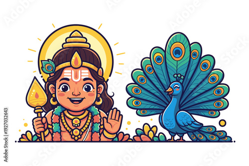 Cute Bala Murugan with Tripundra and Peacock – Colorful 2D Flat Vector Illustration
