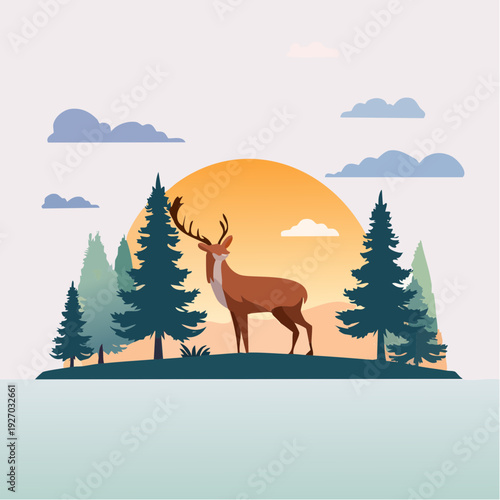 Majestic deer standing in a serene forest landscape at sunset