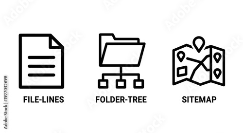 Simple icons representing file lines, folder tree structure, and sitemap for website navigation and organization.