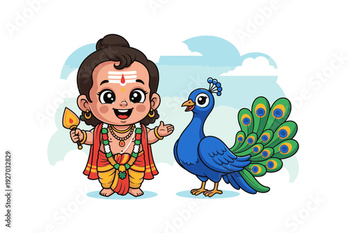 Cute Bala Murugan with Tripundra and Peacock – Colorful 2D Flat Vector Illustration