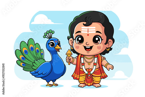 Cute Bala Murugan with Tripundra and Peacock – Colorful 2D Flat Vector Illustration