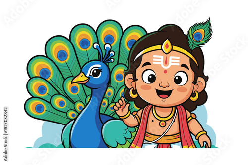 Cute Bala Murugan with Tripundra and Peacock – Colorful 2D Flat Vector Illustration