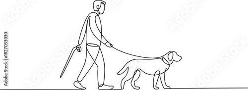 Blind man and guide dog in one line art style. one line Icon drawing