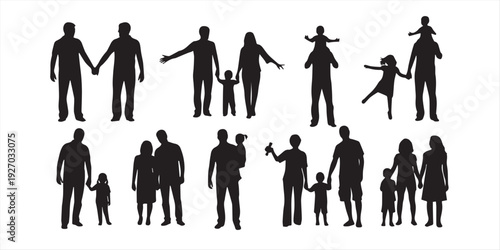 Family silhouettes collection with parents and children, happy walking poses, black people shadows, motherhood and fatherhood concept, isolated family figures on white background