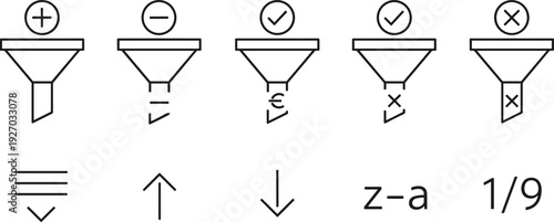 Set of minimalist line icons for data filtering, sorting funnels, ascending and descending order, and search results on white background.
