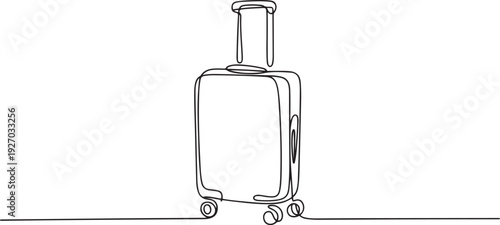 Travel suitcase in continuous line drawing style. Luggage valise with wheels and retractable handle. one line Icon drawing