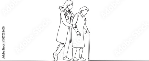 Continuous one line drawing Female Doctor helping old woman patient with walking stick to walk. Doctor and Patient concept. one line Icon drawing