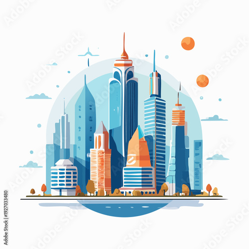 Vibrant illustration of a modern city skyline with futuristic skyscrapers and architecture
