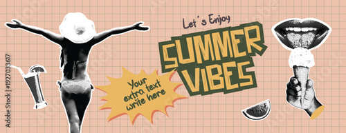 Retro vintage pop art comic style halftone collage summer holiday vacation banner Summer vibes banner with woman in bikini beach accessories and halftone collage sensation lips eating ice cream