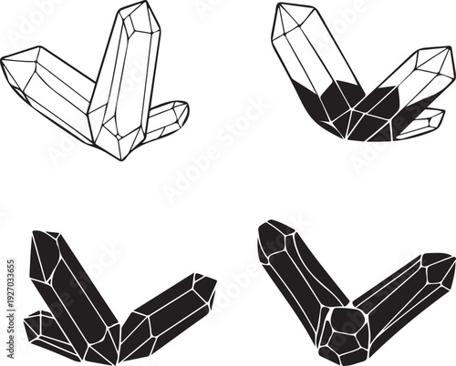Vector graphics of crystal clusters, featuring outline and silhouette styles. Perfect for spiritual, mystical, and decorative design projects