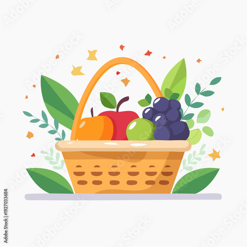 A vibrant illustration of a bountiful fruit basket, a concept of healthy eating and natural harvest