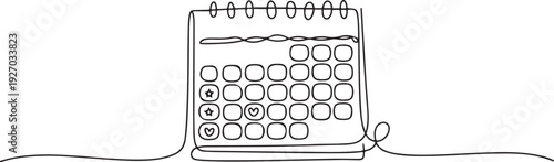 Loose-leaf calendar continuous line drawing. One line art of calendar, memorable date, countdown, holiday, weekday and weekend. one line Icon drawing