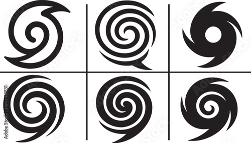 Bold hurricane icon set, clean vector storm symbols for weather alerts and disaster safety design.