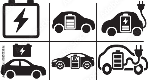   Electric car battery icon set, clean vector symbols for EV charging apps and eco transport design.