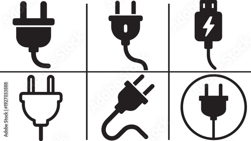   Power plug icon set with five monochrome styles, clean vector symbols for energy and device design.