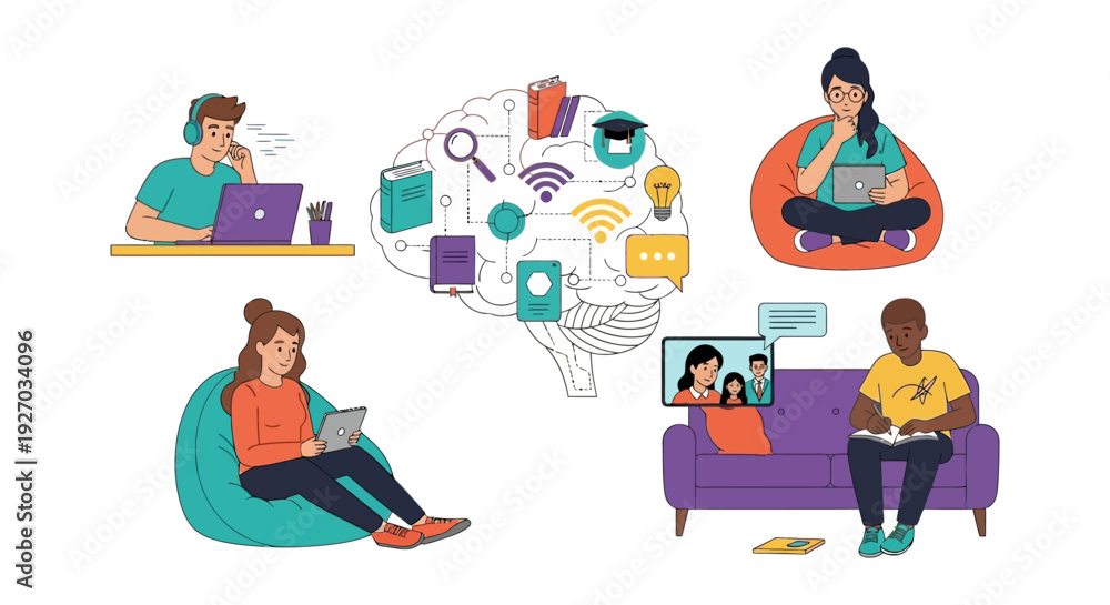 Fototapeta premium Online E-Learning Concept: Diverse Students Studying Remotely at Home, Connecting Knowledge Through Digital Brain Network and Distance Education Technology.
