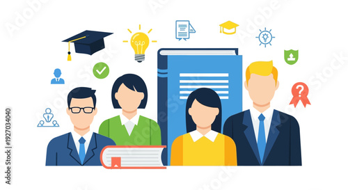 Educational Concept: Learning, Mentorship, and Professional Development Team with Books and Academic Icons