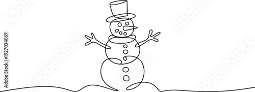 Continuous line vector illustration drawing of Snowman, Concept of Christmas. Holiday, New year. one line Icon drawing