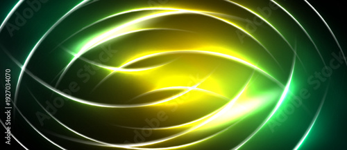 Bright neon lines form swirling circular patterns. Vivid green, yellow hues dominate dark background. Abstract energy radiates from center.