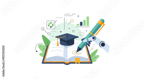 AI Writing Robot Arm on Open Book with Graduation Cap. Smart Education, E-Learning, and Automated Academic Assistance Technology Concept.
