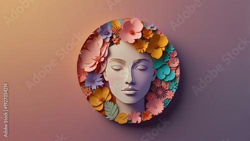 Serene Human Face with Paper-Cut Floral Frame Artistic Illustration