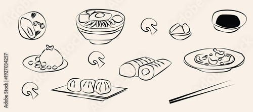 Hand drawn different asian food set, Different Japanese meals.