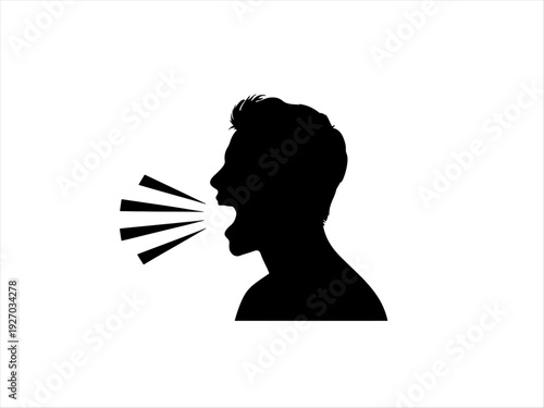 Black silhouette of person’s profile with open mouth and sound waves, symbolizing speech, communication, or vocal expression in simple graphic style