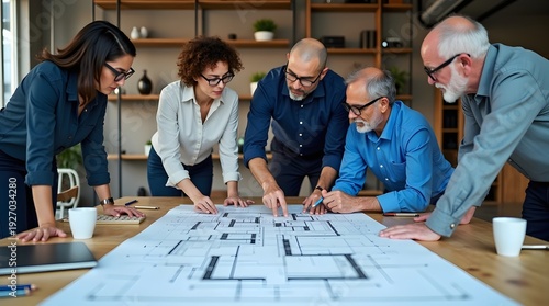 Wallpaper Mural A diverse group of professionals analyze architectural plans together in a modern office setting. Torontodigital.ca