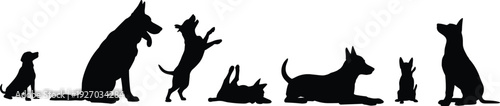 Diverse collection of black dog silhouettes in various playful poses and sizes against a white background