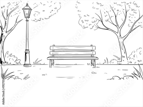 Black and white line drawing of peaceful park with bench, street lamp, trees, grass, and stones, capturing quiet outdoor space for relaxation or contemplation