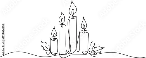Christmas candles with burning flame. One continuous single line hand drawing art. Vector stock illustration isolated. one line Icon drawing
