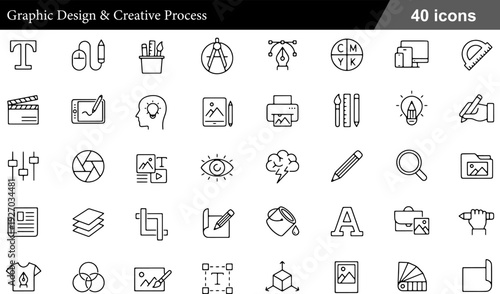 40 Graphic Design and Creative Process Icons Pen Tool, Color Theory, Typography and Production Symbols in Minimalist Black and White Line Art