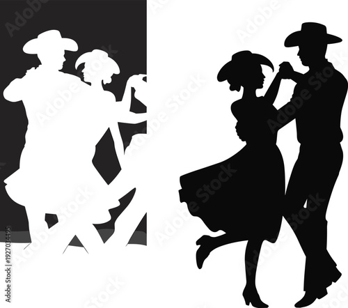 Silhouette of a couple dancing the waltz or country dance wearing cowboy hats and formal attire on a split black and white background