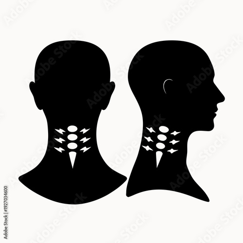 Silhouette of two heads with neck pain and lightning bolts