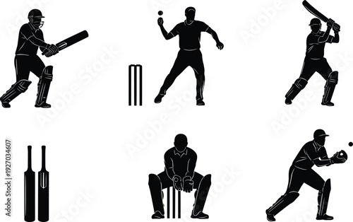Silhouette vector illustration collection of cricket players featuring batsmen, bowlers, fielders, and equipment for sports competition and team spirit design.