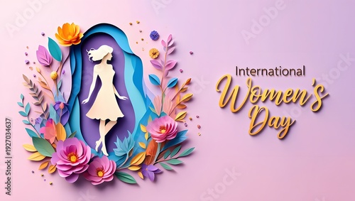 Paper-Cut Woman Silhouette with Floral and Golden Script International Women’s Day Poster