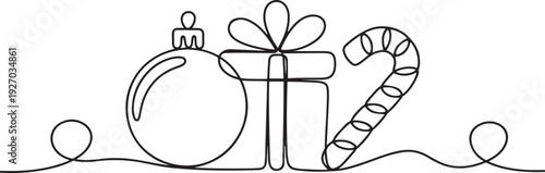 Christmas ball, gift box, candy can continues one single line hand drawing vector stock illustration. one line Icon drawing