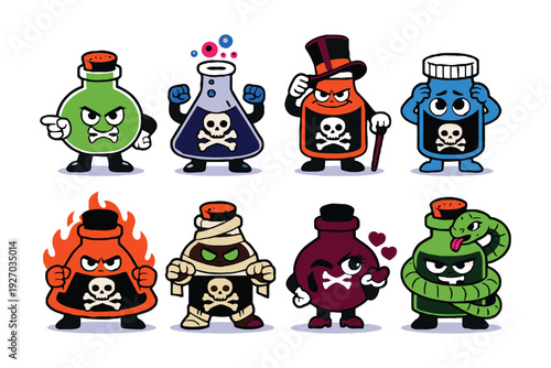 A group of cartoon characters with skulls and crossbones on their bodies are depicted in various poses.