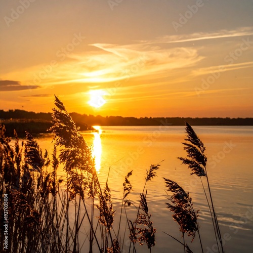 Sonnenuntergang am See mit Schilf