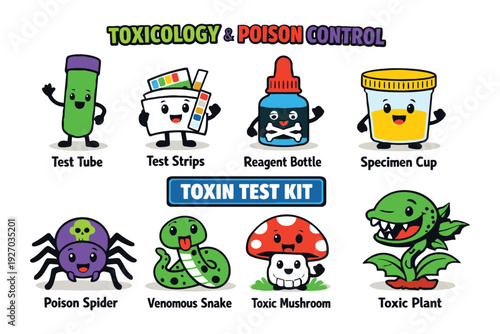 A colorful illustration of a toxin test kit with various cartoon characters and objects.