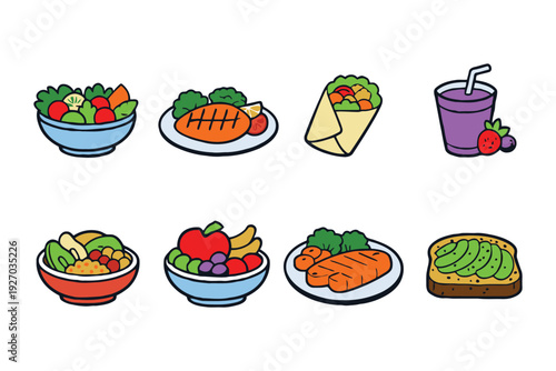 A colorful illustration of various healthy food options on plates and in bowls