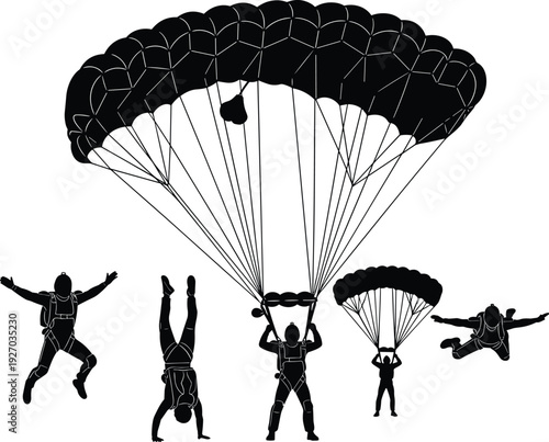 Skydiver silhouettes with parachutes jumping in air for extreme sports adventure skydiving experience outdoor freedom and adrenaline