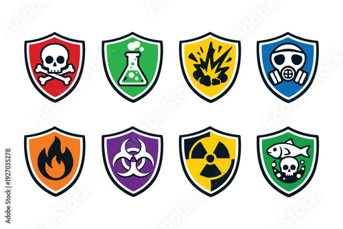 A collection of hazardous material warning symbols on shields