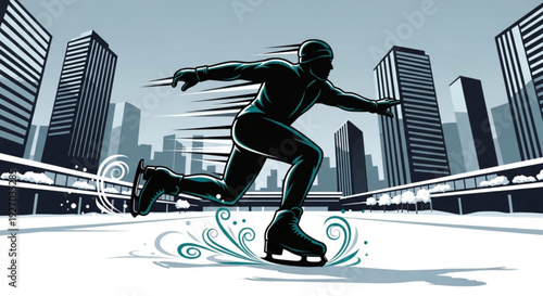 Person ice skating on urban rink with cityscape background dynamic motion and modern skyscrapers
