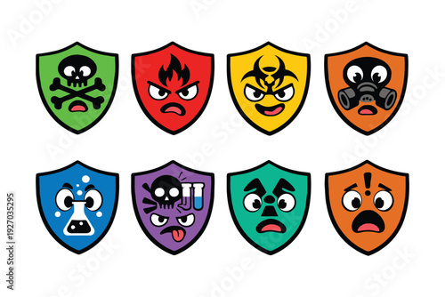 A collection of cartoon shields with various emotive and warning symbols on them.