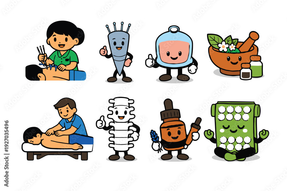 Fototapeta premium A colorful illustration of cartoon characters representing various healthcare and wellness professions.