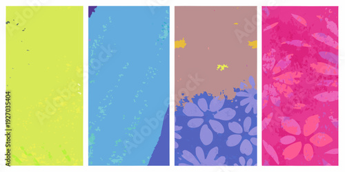 Abstract vertical panels with vibrant colors and floral patterns