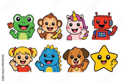 A colorful illustration of happy cartoon characters waving and smiling